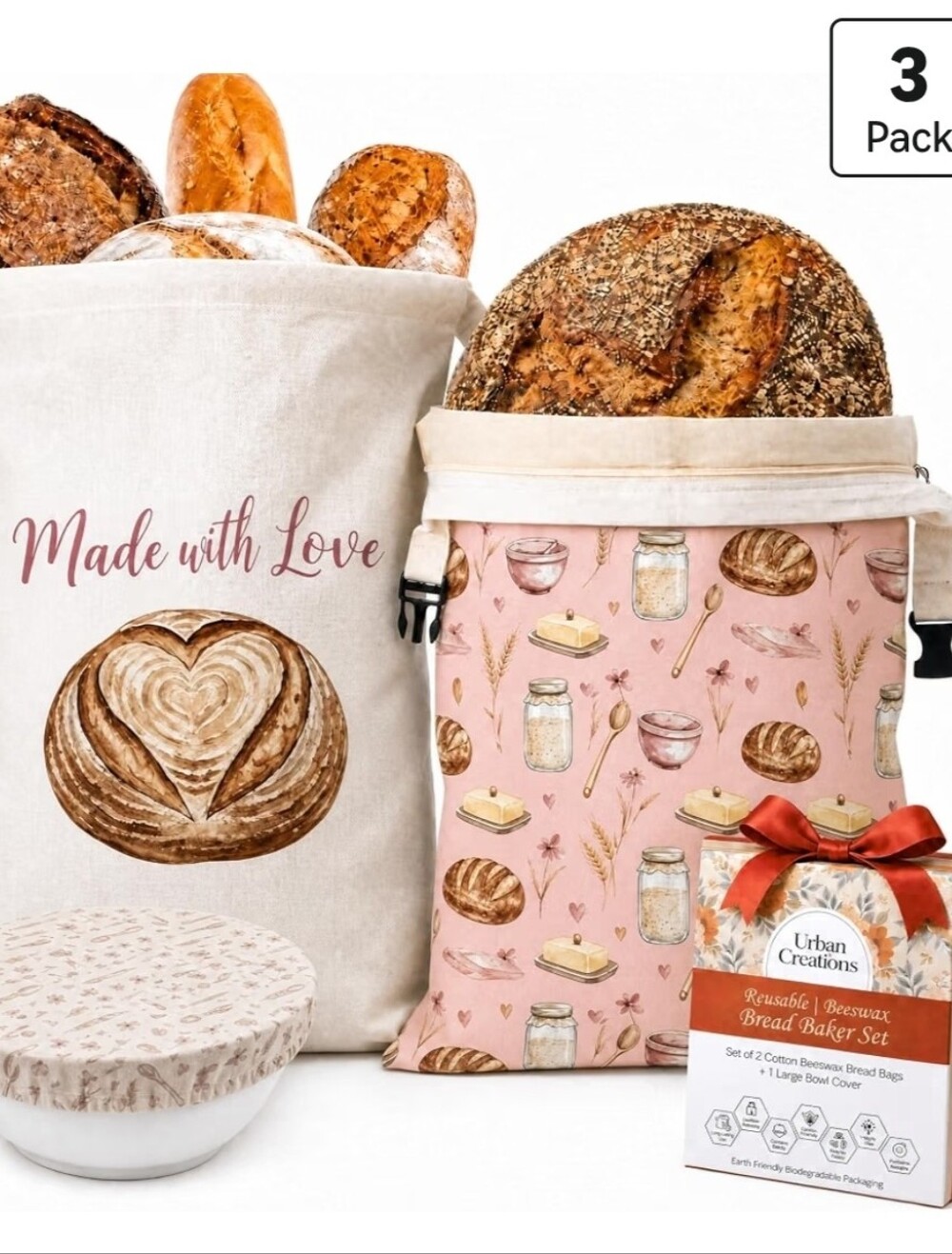 2 XL Reusable Bags For Homemade Sourdough Bread & Beeswax Bowl Cover | NEW |